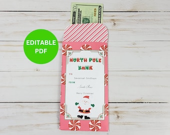 Gepersonaliseerde kerstgeldenvelop van Santa afdrukbare sjabloon, contant geldcadeau voor kinderen, bewerkbare kerstgeldhouder kousvuller