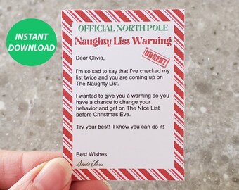 Descarga instantánea editable Santa Naughty Letter, Nota de advertencia de Santa Naughty List, Mini Elf Naughty List Carta imprimible de la plantilla de Santa