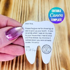 Pequeña plantilla de carta de disculpa editable del hada de los dientes, carta de hada de los dientes imprimible que se olvidó de venir, mini hada de los dientes Lo siento, llego tarde Nota Canva