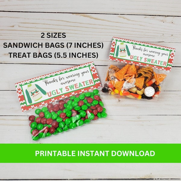 Printable Ugly Sweater Party Favor Tags, Ugly Christmas Sweater Party Supplies, Tacky Sweater Bag Toppers, Ugly Sweater Party Thank You Gift