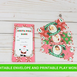 Personalisierter Weihnachtsgeld Umschlag und Weihnachtsmann Spielgeld druckbar, Kinder Stocking Stuffer, bearbeitbarer Weihnachtsgeldhalter Urlaub Bucks