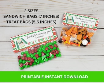 May include: Two clear plastic treat bags filled with candy and snacks. One bag contains red and green candies, the other contains a mix of chips, nuts, and candies. Each bag has a label that reads "Thanks for wearing your awesome UGLY SWEATER". The sandwich bags are 7 inches.