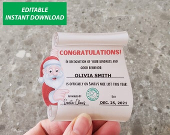 Editable Nice List Certificate Digital Download, Mini Elf Report Card Template, Official North Pole Personalized Santa Nice List Letter