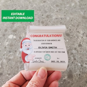 Download digitale del certificato di elenco Nice modificabile, modello di pagella mini elfo, lettera ufficiale di elenco di Babbo Natale personalizzata del Polo Nord