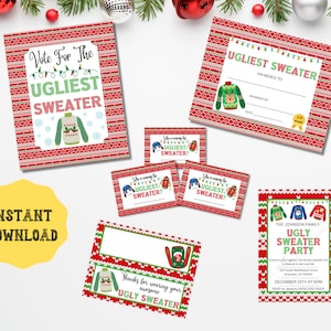 Invito alla festa del maglione brutto modificabile, set di voto stampabile, copriborse regalo, certificato di premiazione, firma, maglione natalizio di cattivo gusto Giochi di festa
