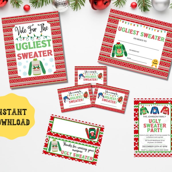 Editable Ugly Sweater Party Invite, Printable Voting Set, Treat Bag Toppers, Award Certificate, Sign, Tacky Christmas Sweater Party Games