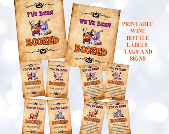 Könnte beinhalten: Druckbare Halloween-Weinetiketten, -anhänger und -schilder mit einem Hexenkessel mit einem Zaubertrank und dem Text "You've Been Boozed".