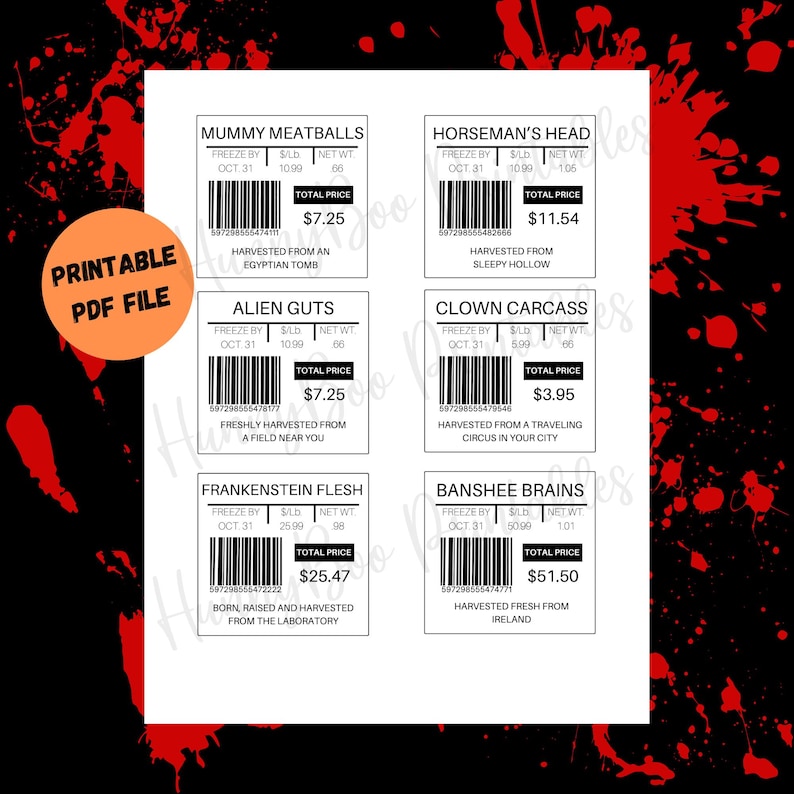 24 Printable Roadkill Butcher Labels, Editable Halloween Treat Print at ...