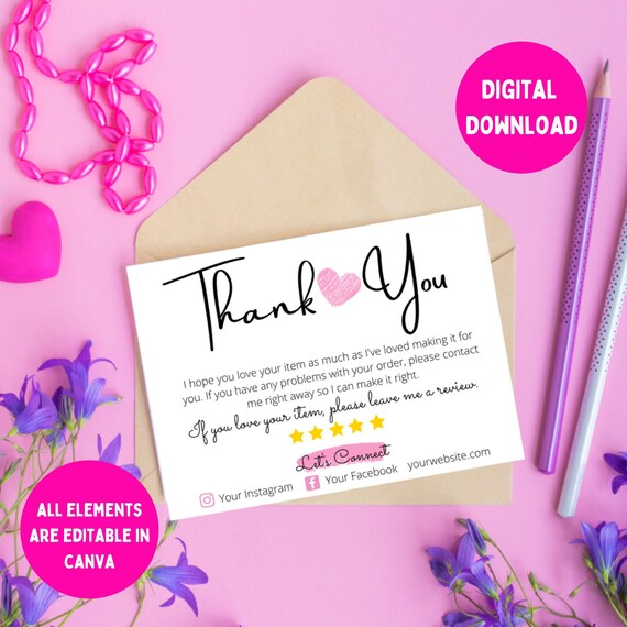 Etsy Thank You Card Template Instant Download Editable and Etsy