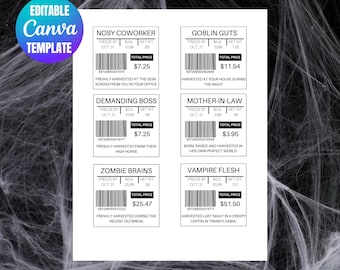 Modelo de rótulos de carne editáveis para Halloween, ideia de elefante branco para o feriado, presente de mordaça com adesivo de carne para impressão, download instantâneo de rótulo de carne falsa