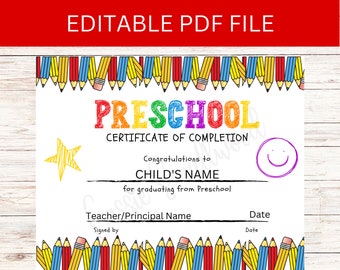 Plantilla de certificado de graduación de preescolar editable Diploma de graduación de prekínder imprimible, Certificado de finalización de la escuela de guardería descargable