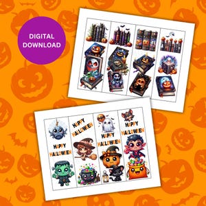 Könnte beinhalten: Druckbarer Halloween-Lesezeichen-Satz mit 8 verschiedenen Designs. Die Designs beinhalten eine Spinne, eine Hexe, ein Gespenst, einen Vampir, einen Kürbis, einen Kessel, eine schwarze Katze und eine Tüte Süßigkeiten. Jedes Lesezeichen trägt den Text "Happy Halloween".