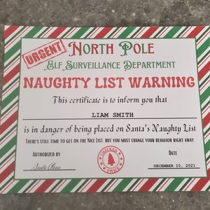 Elf Surveillance naughty list warning certificate editable fillable pdf