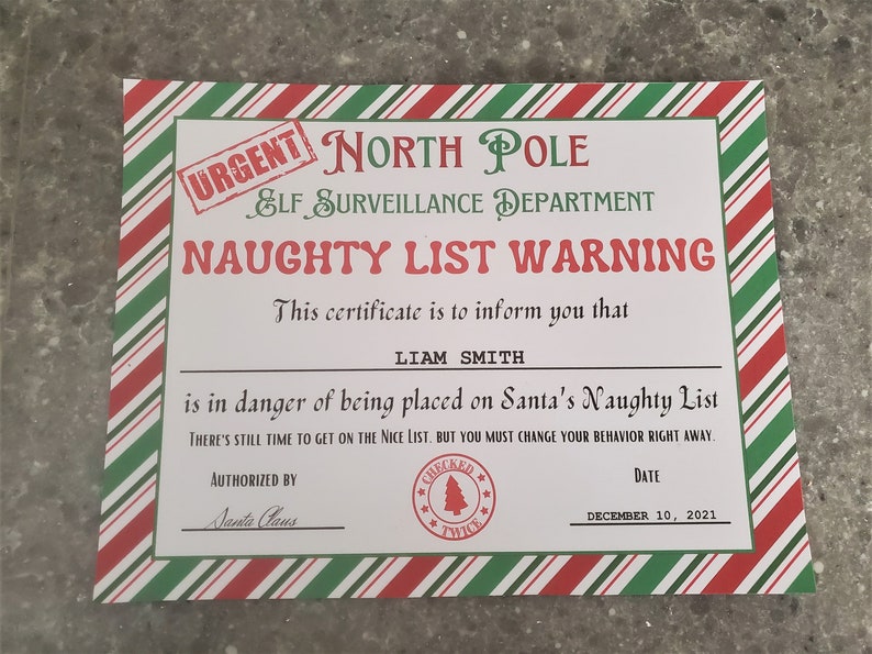 Elf Surveillance naughty list warning certificate editable fillable pdf