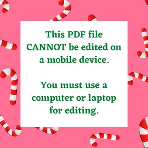 Puede incluir: Un cuadrado blanco con texto verde sobre un fondo rosa con un patr&oacute;n de bast&oacute;n de caramelo. El texto dice: "Este archivo PDF NO se puede editar en un dispositivo m&oacute;vil. Debe usar una computadora o una computadora port&aacute;til para editarlo."