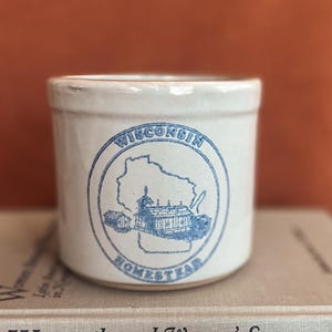 Vintage Wisconsin Homestead Cheese Crock, Small Blue Stenciled Stoneware Pottery Jar