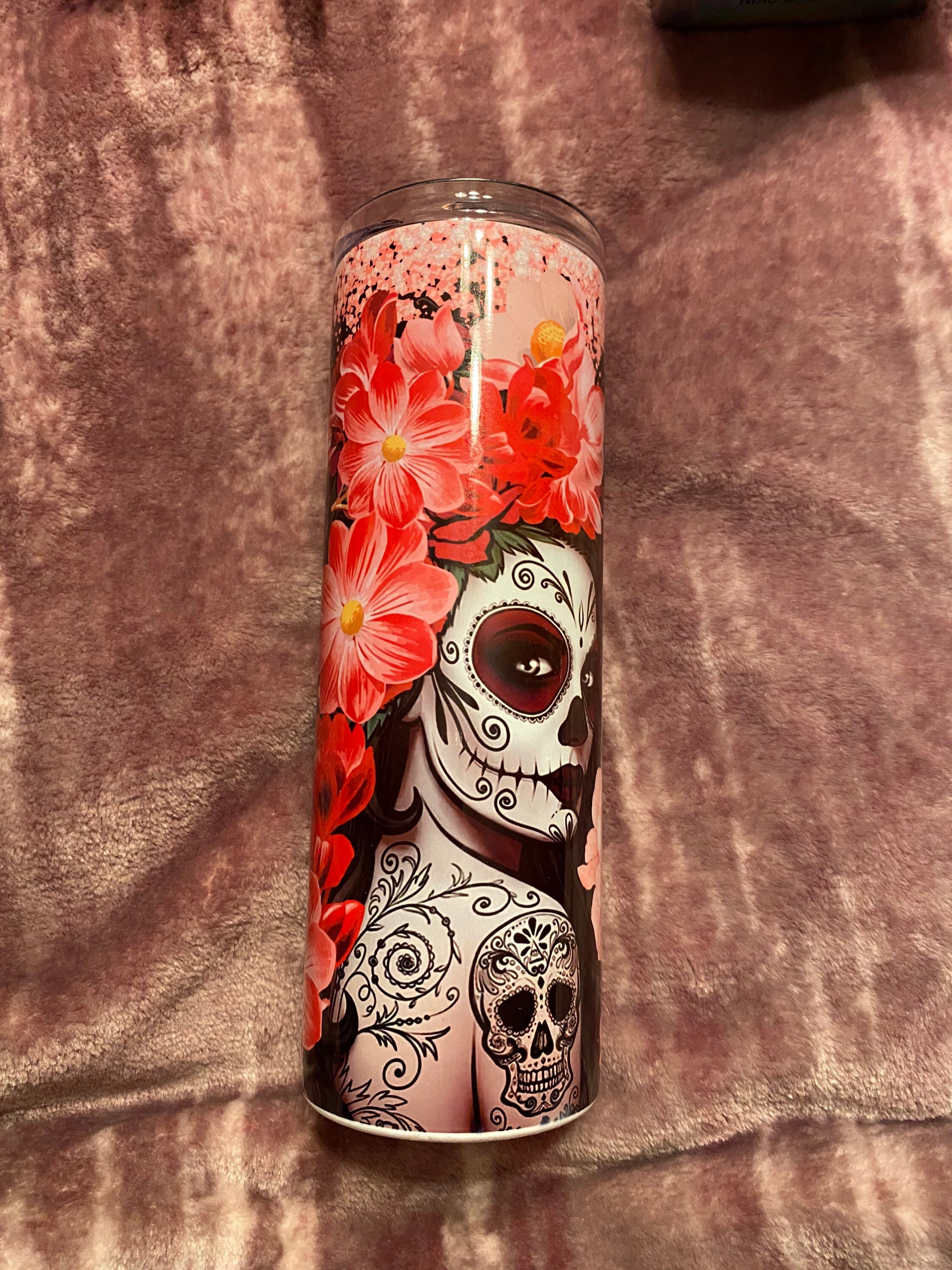 Pink floral sugar skull 20 oz tumbler Etsy