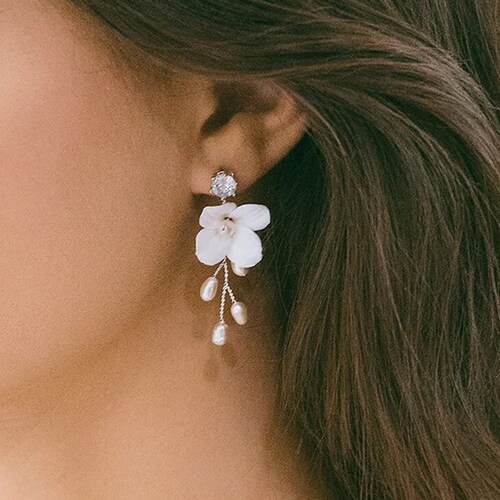 Bridal White Floral Drop Earrings Wedding Pearl Earrings Etsy
