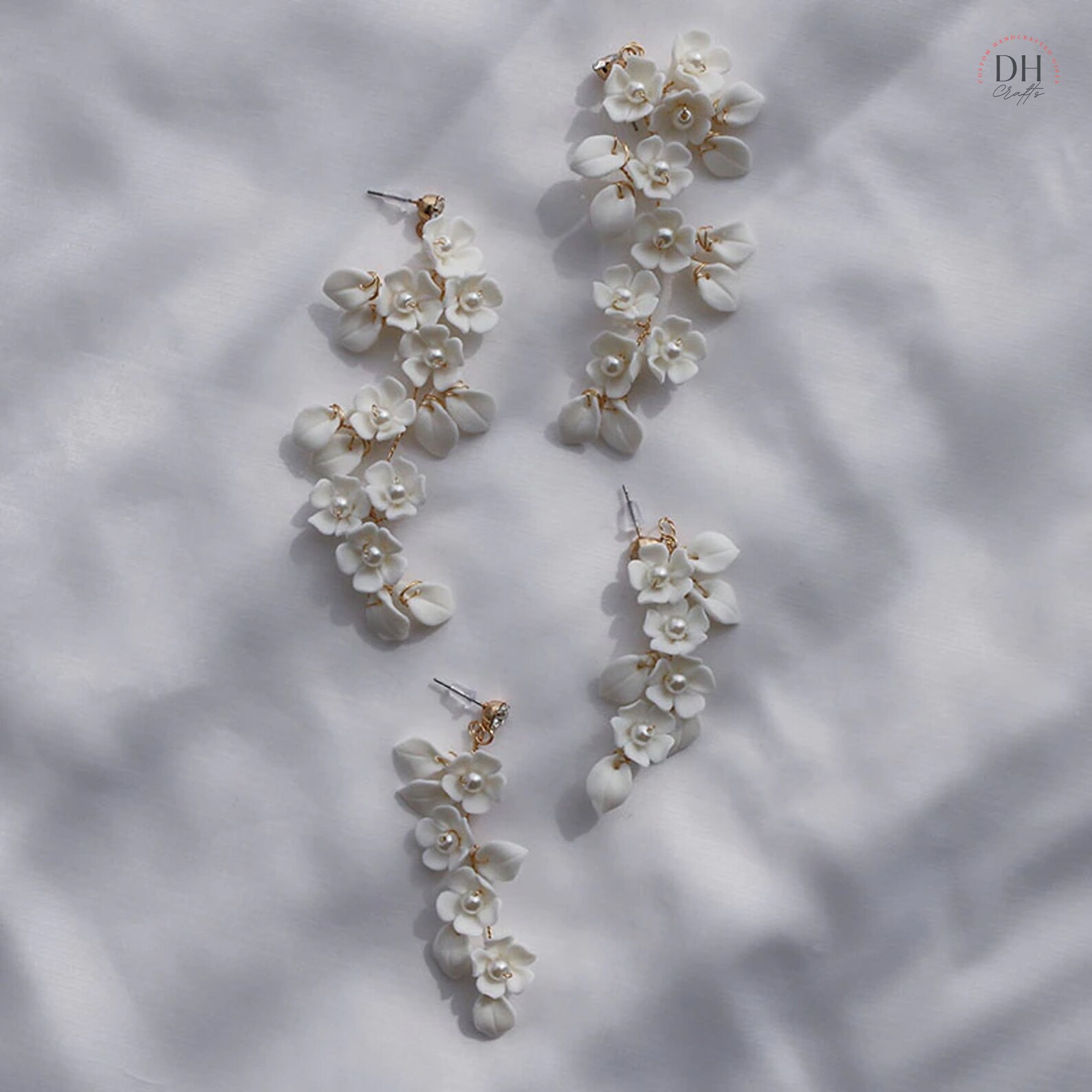 Bridal White Floral Drop Earrings Wedding Pearl Earrings Etsy