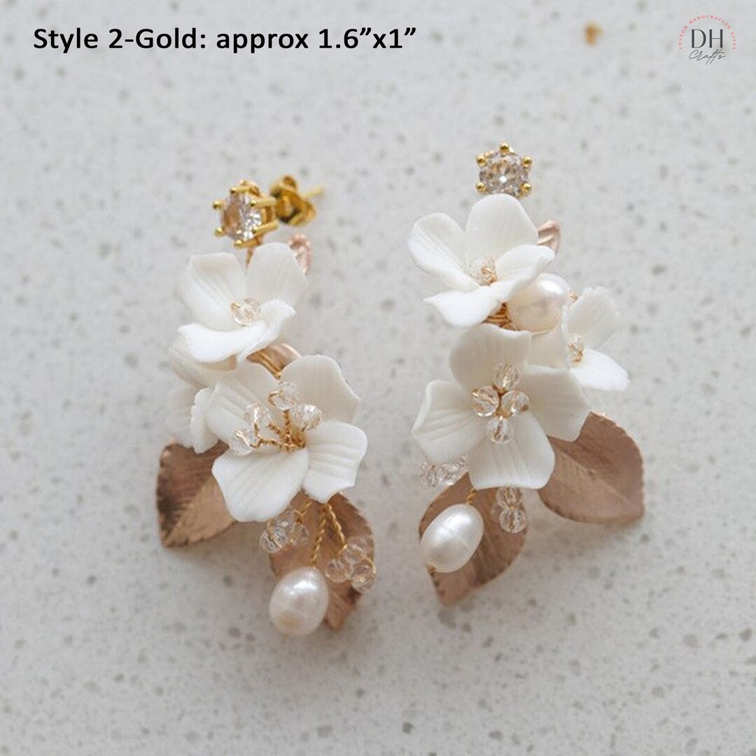 Bridal White Floral Drop Earrings Wedding Pearl Earrings Etsy