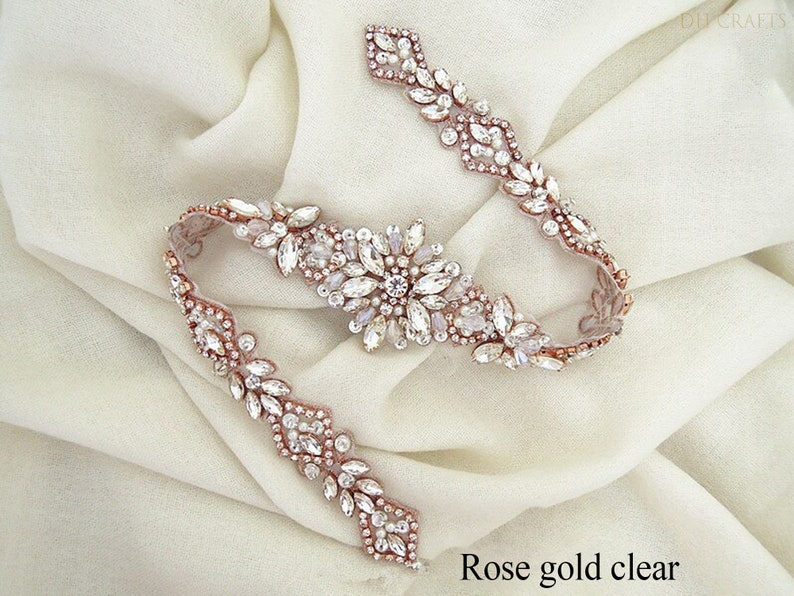 Rose Gold Rhinestone Applique Belt Sash Iron on Wedding Bridal Dress Necklace Rose Gold Rhinestone Applique Belt Sash Iron on Wedding Bridal Dress Necklace