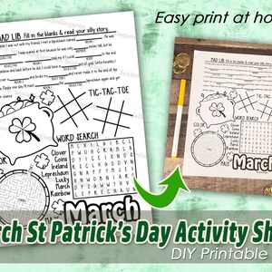 Może przedstawiać: Czarno-biała, drukowalna karta z aktywnościami na Dzień Świętego Patryka. Karta zawiera mad lib, wyszukiwanie słów, kółko i krzyżyk, labirynt i stronę do kolorowania. Karta przedstawia garnek złota, koniczynki i słowo "March".