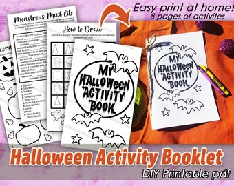 Può includere: Un libretto di attività di Halloween stampabile con una copertina in bianco e nero con pipistrelli e stelle. Il testo della copertina recita "My Halloween Activity Book".