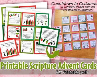 May include: Printable Scripture Advent Cards with 25 different verses from the Old and New Testament. The cards are red, green, and white, with Christmas lights and candle illustrations. The text "Countdown to Christmas" is at the top.