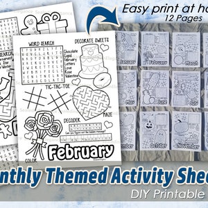 Monthly Activity Sheets, Kids Activities, Waiting Room Activities, Classroom Coloring, Instant Download, PDF, Wedding Activity Page, Handout