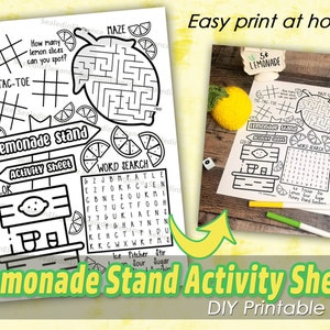Lemonade Stand Activity Sheet, Kids Activities, Waiting Room Activities, Spring and Summer Coloring, Instant Download, PDF, Lemon Activity