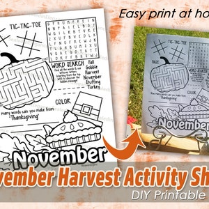 November Harvest Activity Sheet, Kids Activities, Thanksgiving Classroom Activities, Instant Download, PDF, Autumn Coloring Sheet, Halloween image 1