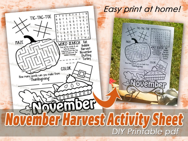 November Harvest Activity Sheet, Kids Activities, Thanksgiving Classroom Activities, Instant Download, PDF, Autumn Coloring Sheet, Halloween image 1