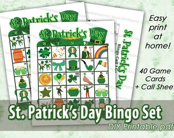 Utskrivbart St Patrick's Day-bingoset, St Patrick's Day-fest, PDF, 40-korts bingo, virtuellt klassrumsbingo, St Patrick's Day-aktivitet