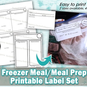 May include: Printable freezer meal labels in black and white with a variety of designs. The labels include sections for name, ingredients, instructions, use by date, and allergy information. The labels also include a nut-free and gluten-free icon.