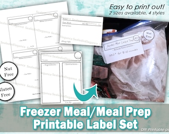 May include: Printable freezer meal labels in black and white with a variety of designs. The labels include sections for name, ingredients, instructions, use by date, and allergy information. The labels also include a nut-free and gluten-free icon.
