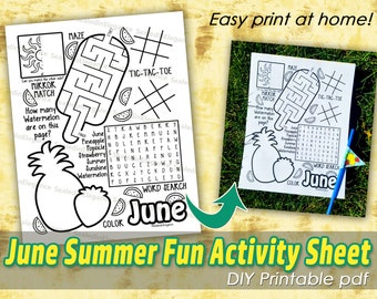 June Summer Fun Activity Sheets, Kids Activities, Waiting Room Activities, Summer Coloring, Instant Download, PDF, Fruit Coloring Page