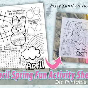 May include: A printable activity sheet for kids featuring a black and white illustration of a bunny rabbit maze, a tic-tac-toe game, a word search, and a coloring page. The sheet is titled "April Spring Fun Activity Sheet" and includes the text "Easy print at home!" and "DIY Printable pdf".