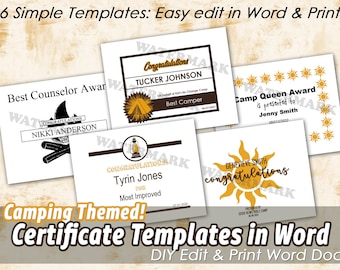 Camping Summer Themed Certificate Award Word Doc Templates, Word Document Certificate, DIY Certificate, Teacher's Certificate Award, Award