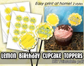 Toppers de cupcakes de cumpleaños de limón, toppers de cupcakes imprimibles, PDF, toppers de pastel de limón, topper de pastel de cumpleaños, topper de cupcake de frutas, fiesta de limón