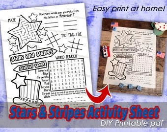 Stars and Stripes Activity Sheet, Kids Activities, America Coloring Page, 4th of July Coloring, Instant Download, PDF, Memorial Day Activity