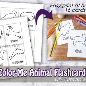Color-Me Animal Flashcards, PDF, DIY Flashcards, Animal Coloring Page, Kindergarten Printable, Instant Download, Kids Crafts, At home school