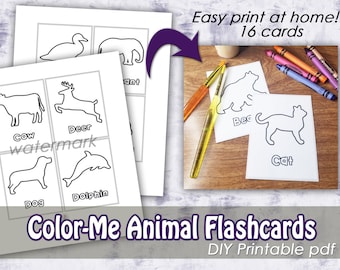 Color-Me Animal Flashcards, PDF, DIY Flashcards, Animal Coloring Page, Kindergarten Printable, Instant Download, Kids Crafts, At home school