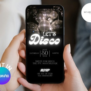 Black Silver Studio 54 Disco Ball Birthday Party Invitation Template, Let&#39;s disco invite digital,