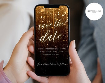 Invitación digital en vídeo Gold Save The Date, invitaciones de boda para guardar la fecha, fiesta de mensajes de texto telefónicos Evite