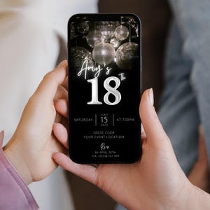 Silver 18th birthday party disco invitation template, 18th birthday invite digital download, phone video evite