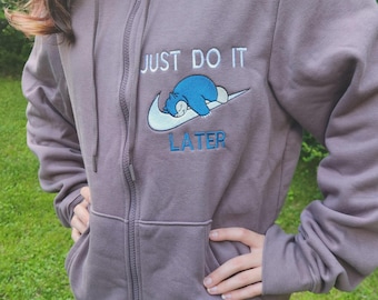 Just Do It Later, Tired Snorlax Machine Embroidered Zipup Hoodie