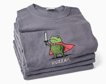 Embroidered Huzzah Frog Shirt, Renaissance Faire Stitched Tee, Funny Medieval Frog, Ren Faire Outfit, Goblincore Gift