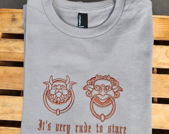Embroidered Labyrinth Shirt, Talking Door Knockers Stitched Tee, 80s Fantasy Nostalgia, Retro Movie Merch