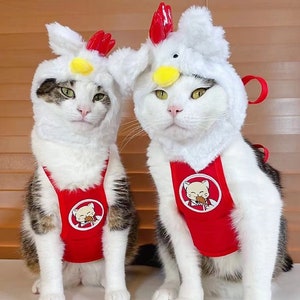 May include: Two white and tabby cats wearing red chicken costumes with a white fluffy chicken head and a red bib with a cartoon chicken eating a drumstick. The cats are sitting on a brown surface.