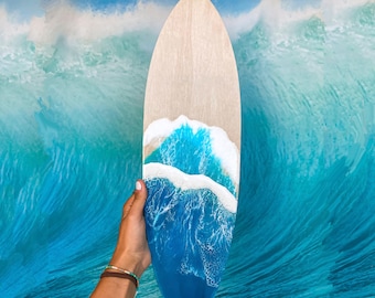 wooden surfboard ocean resin wall hanging decor ~ custom front door sign ~ bedroom wave art ~ beach house tropical outdoor surf